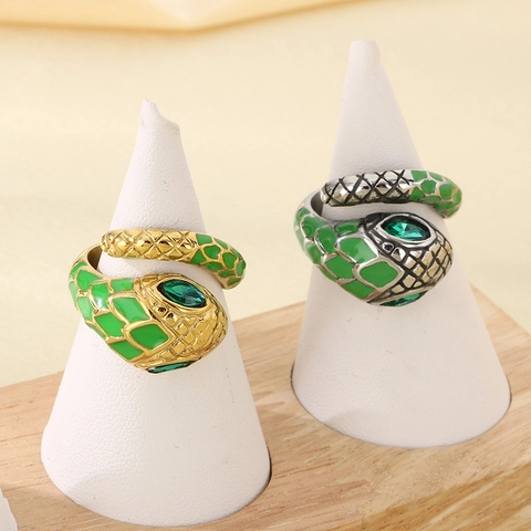 Anello Serpente Acciaio Inossidabile Smalto Verde Occhi Gemma Design Avvolgente Gioielli Di Moda Per Uomo E Donna