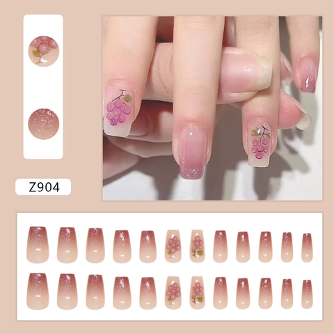 Lila Gradient 3D Traube Frucht Künstliche Fingernägel Glitzer Französischer Stil Quadratisch Abnehmbar Für Frauen