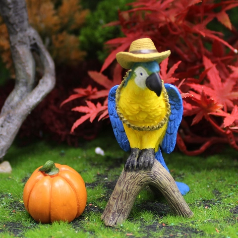Parrot Figurine And Mini Pumpkin Resin Thanksgiving Harvest Garden Decor Micro Landscape Hand Painted Desktop Ornament