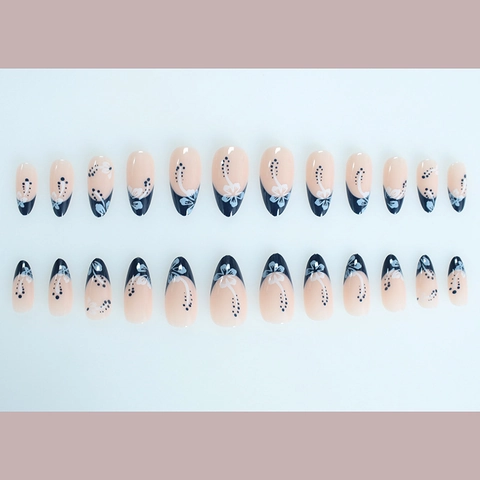 Unghie Finte French Tip Blu Mandorla Lunga Stampa Ibisco Bianco Base Nude Unghie Artificiali Per Donne