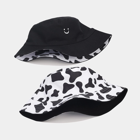 Wende Anglerhut Baumwolle Canvas Kuhmuster Smiley Stickerei Sonnenschutz Outdoor Reisen Sonnenhut Für Herren Und Damen
