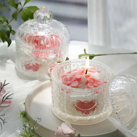Handmade Flower Scented Candle Soy Wax Relief Glass Jar Romantic Peach Blossom Fragrance Gift Home Decoration