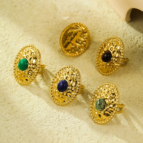 French Retro Exquisite Stainless Steel Oval Hammered Natural Stone Ring For Women Fashion Versatile Jewelry Finger Ring