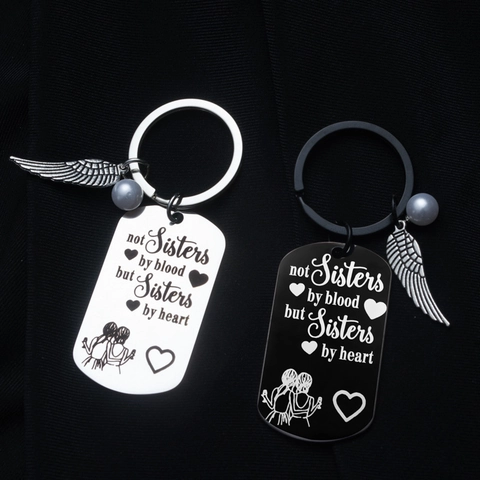 Keychain Stainless Steel Engraved Dog Tag Pendant With Wing And Artificial Pearl Gifts For Sisters Best Friends