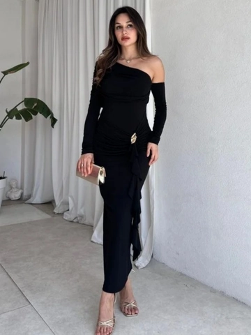 Vestito Lungo Arricciato Monospalla A Maniche Lunghe Poliestere Spandex Fibbia In Metallo Banchetto Festa Sexy Donna
