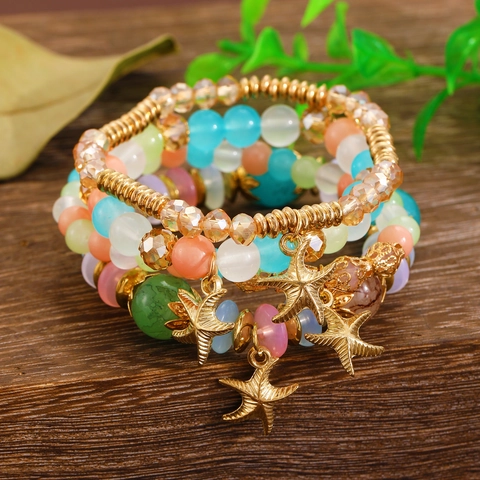 Bohemian Multi-layer Artificial Crystal Beaded Bracelet Set For Women Ocean Style Starfish Shell Alloy Pendant Jewelry