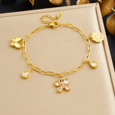 Bracciale Pendente Farfalla Girasole Zircone Acciaio Inossidabile Placcato Oro Catena A Graffetta Gioielli Da Donna Elegante