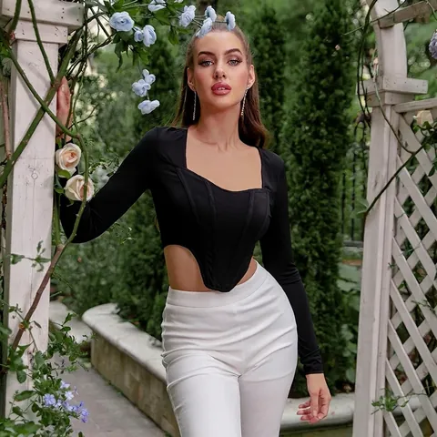 Top Corto De Manga Larga Para Mujer Cuello Cuadrado Corsé Ajuste Delgado Elegante Informal Color Sólido