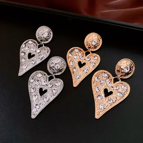 Pendientes De Gota Corazón Aleación Textura Martillada Con Pedrería Y Poste De Plata De Ley 925 Vintage Para Mujer