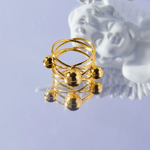 French Vintage Multi Layer Gold Plated Titanium Steel Ring For Women Geometric Stackable Beads Fashion Jewelry Index Finger Ring
