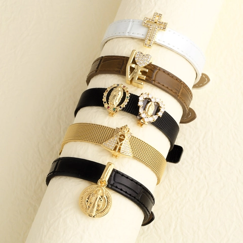 Religiöses Charm Armband Vergoldetes Kupfer Zirkon Kreuz Jungfrau Maria Heiliger Benedikt DIY Mesh Lederband Schmuck