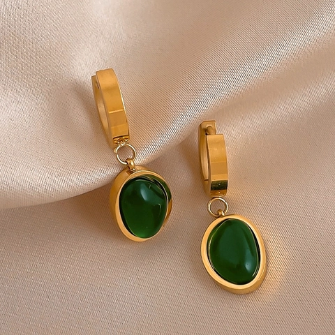 Vintage French Green Resin Oval Pendant Hoop Earrings Gold Stainless Steel Jewelry For Women Retro Elegant Fashion