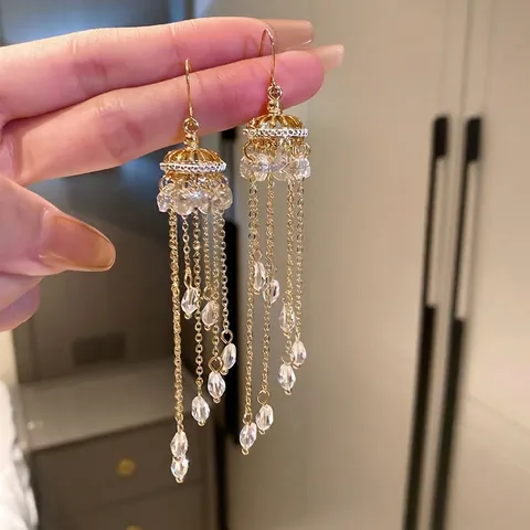Orecchini Lunghi Con Nappine Stile Palazzo Vintage Oro Rame Con Cristallo Artificiale Goccia Per Donna