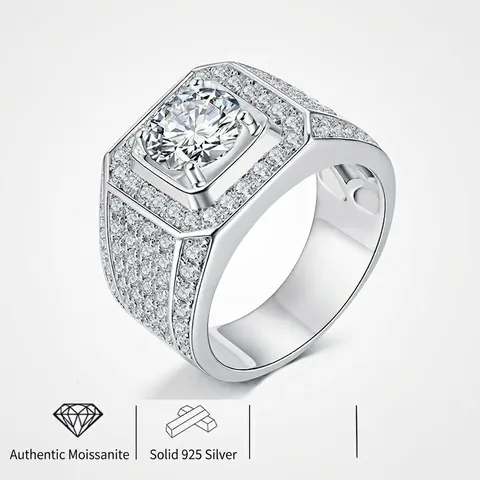 Moissanit Ring Für Herren Luxus S925 Sterlingsilber Rundschliff Mikro Pave Breites Band Exquisite Party Accessoire