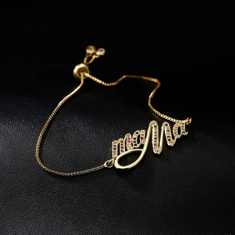 Mama Script Letter Adjustable Bracelet Gold Plated Copper Multicolored Zircon Elegant Box Chain Jewelry Gift For Women