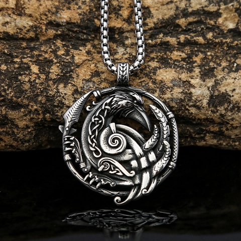 Collar Con Colgante De Cuervo Vikingo Vintage Para Hombre Acero Inoxidable Nudo Celta Redondo Hueco Joyería Punk