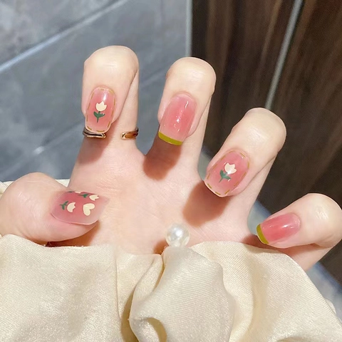 Tulpe Blumen Aufpressnägel Rosa Farbverlauf Französischer Stil Rouge Smudge Künstliche Falsche Nägel DIY Maniküre