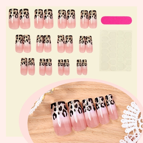 Lange Quadratische Künstliche Fingernägel Leopard Muster Pink Verlauf Gold Glitzer Glänzend Damen