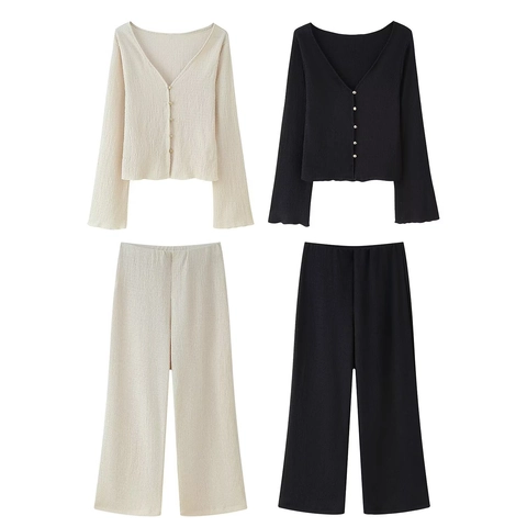 Damen Texturiertes V-Ausschnitt Goldknopf Langarm Oberteil Und Weite Hose Lässiger Streetstyle Mode