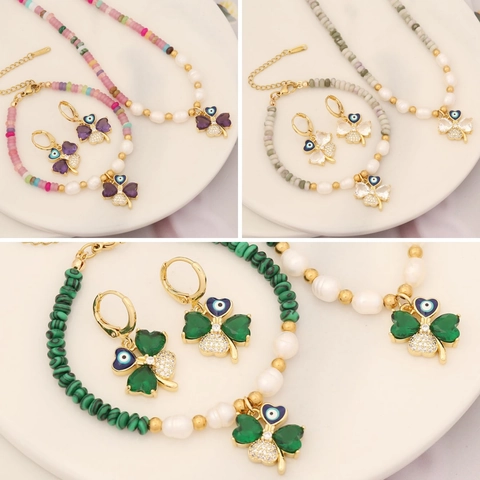 Collier Bracelet Boucles Oreilles Bijoux Cuivre Pierre Naturelle Künstliche Perle Trèfle Quatre Feuilles Mauvais Œil Zircon Élégant Femmes
