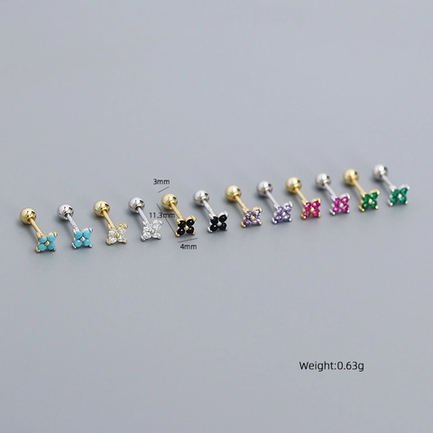 925 Sterling Silver Four Leaf Clover Stud Earrings For Women Multi Color Zirconia Flower Screw Back Piercing Bone Earrings Jewelry
