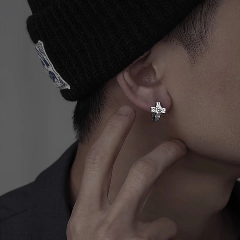 Cross Hoop Earrings Copper With White Zircon Micro Pave Hip Hop Fashion Jewelry For Men And Women Silver Color Polished