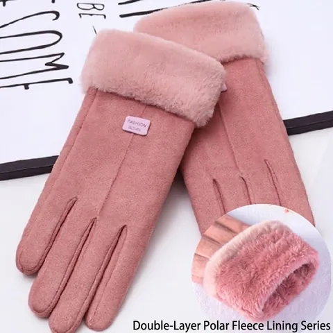 Women Winter Gloves Faux Suede Faux Fur Trim Thickened Fleece Lined Touch Screen Warm Windproof Solid Color Cute