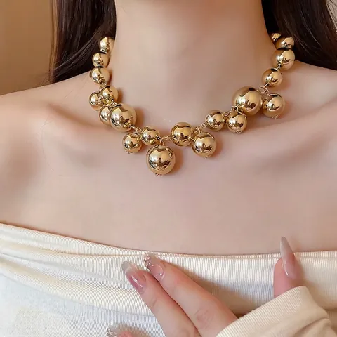 Collana Con Grandi Perle Tonde Finitura A Specchio Metallica Catena Geometrica Da Clavicola Gioielli Minimalisti Alla Moda Per Donna