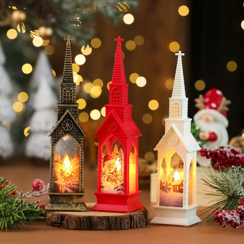 LED Christmas Lantern Church Shaped Night Light Retro Glowing Desktop Ornament PC Plastic Decorative Holiday Atmosphere Lamp