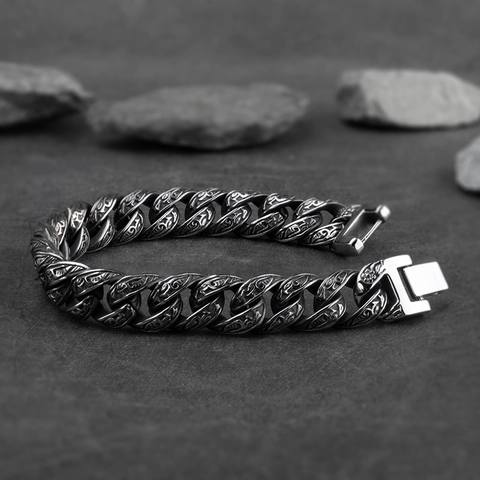 Bracelet À Chaîne Cubaine Sculptée Vintage En Alliage Style Punk Rétro Pour Hommes Et Femmes Argent Noir