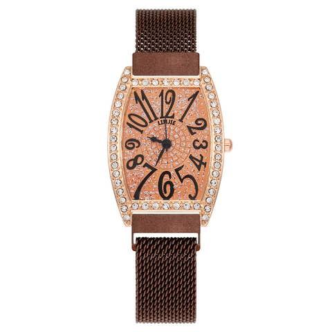 Women Quartz Watch Rhinestone Tonneau Case Alloy Metal Mesh Strap Magnetic Buckle Fashion Elegant Sparkling Wristwatch