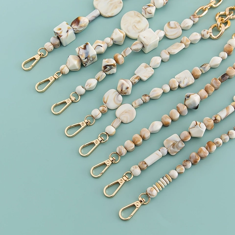 Acrylic Marble Resin Beads Phone Case Chain Strap Gold Alloy Splicing Bag Decoration Accessory Bohemian Chic Style