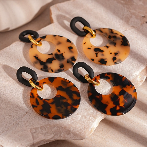 Leopard Print Round Drop Earrings Resin Acrylic Geometric Style Jewelry For Women With Silver Earring Post