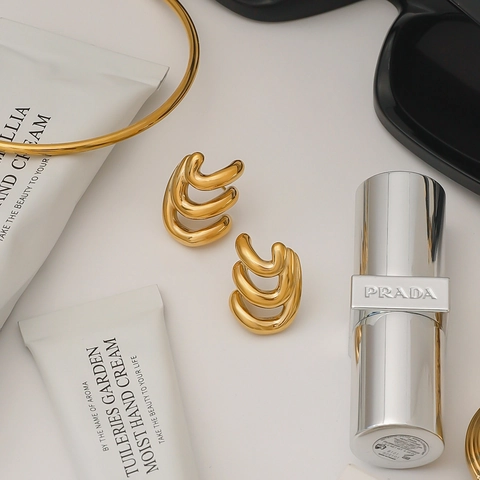 Pendientes De Botón De Acero Inoxidable Chapado En Oro De 18K Diseño De Ola Irregular Multicapa Joyería Hipoalergénica Mujer