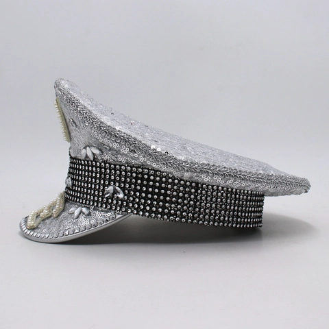 Silver Sequin Captain Hat Rhinestones Faux Artificial Pearl Bride Military Style Party Rave Festival Accessory For Women