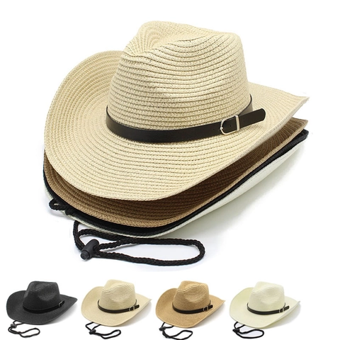 Cappello Da Cowboy In Paglia Tesa Larga Protezione Solare Vintage Intrecciato Cappello Da Spiaggia Con Corda Antivento E Fascia In Ecopelle Unisex