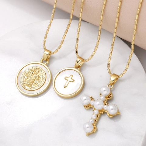 Kruis Hanger Ketting Echt Verguld Koper Met Synthetische Kunstparel Religieuze St Benedictus Medaille Elegante Sieraden Voor Dames