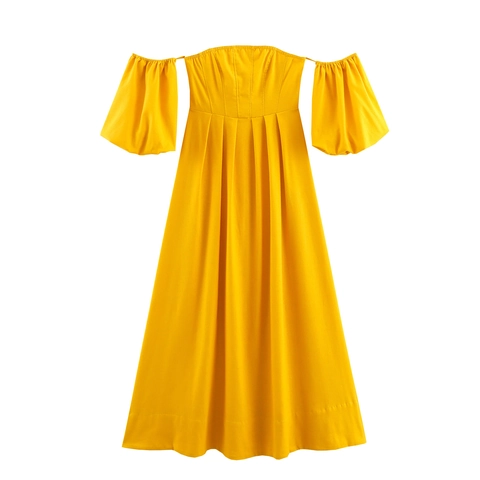 Elegant Off Shoulder Puff Sleeve Maxi Dress High Waist Solid Yellow Polyester A-Line Long Flowy Evening Party Dress