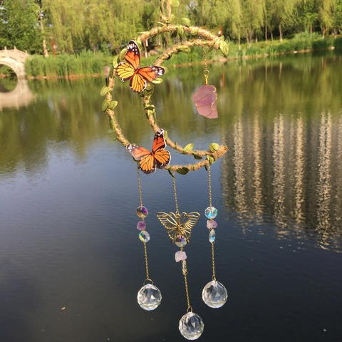 Handmade Moon Crystal Suncatcher Wind Chime Hanging Ornament With Butterfly Hemp Rope Metal Leaf Prism Ball Garden Decor