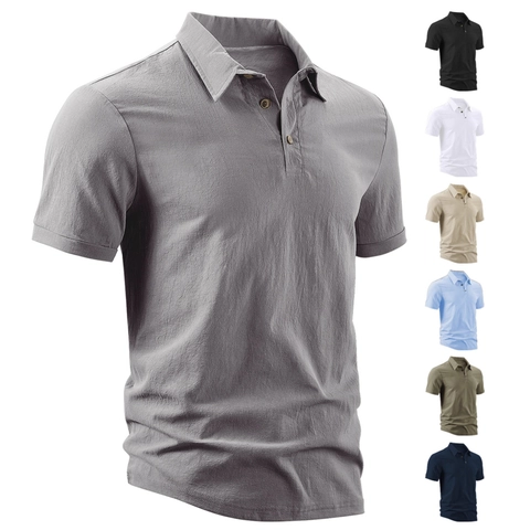 Men Polo Shirt Linen Polyester Blend Short Sleeve Breathable Casual Summer Vacation Solid Color Button Up Lapel Top