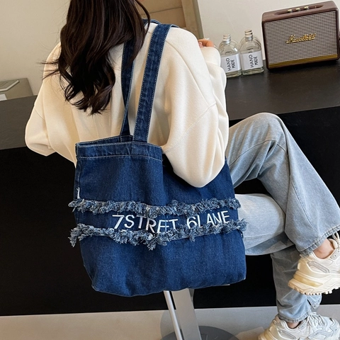 Sac Fourre Tout En Denim Pour Femmes Franges Broderie Grande Capacité Style Street Décontracté Sac À Épaule