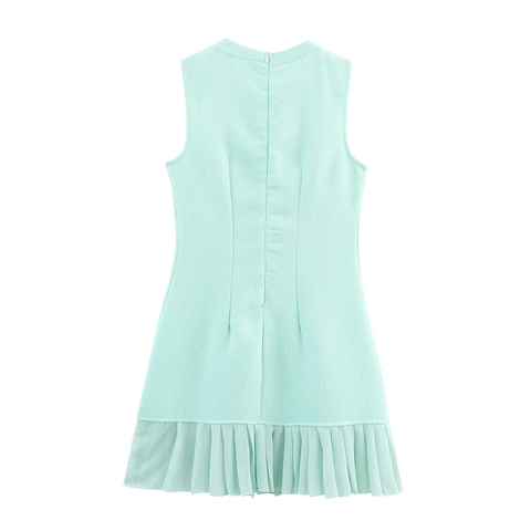 Abito Corto Senza Maniche Donna Trama Tweed Girocollo Vestibilità Aderente Orlo Pieghettato Chiffon Patchwork Zip Schiena Verde Mentha