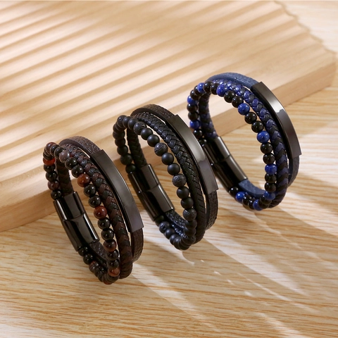 Men Multi-layer Braided Leather Bracelet Natural Stone Tiger Eye Lava Beads Stainless Steel Magnetic Clasp Hand-woven