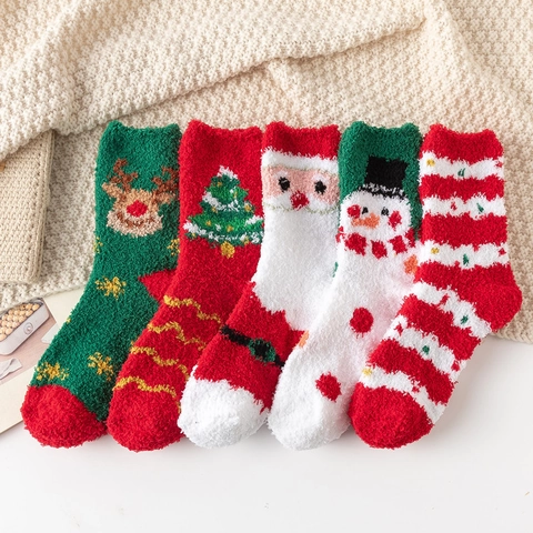 Women Christmas Plush Socks Warm Acrylic Fluffy Sleep Socks Thick Jacquard Elk Christmas Tree Indoor Floor Home Socks