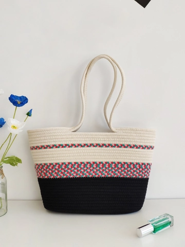 Large Capacity Woven Cotton Rope Tote Bag Multi Tone Color Blocked Beach Vacation Shoulder Handbag For Women Summer