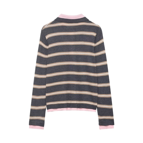Maglione Polo In Maglia A Righe Da Donna Manica Lunga Patchwork Bordo A Contrasto Colletto A Revers Bottone Top Casual