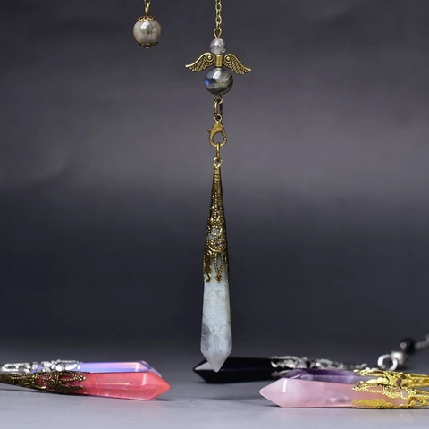 Natural Crystal Hexagonal Column Pendant Necklace Amethyst Rose Quartz Divination Pendulum Angel Wings Vintage Healing Jewelry