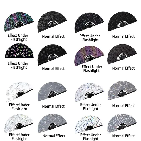 Reflective Folding Hand Fan Bamboo Ribs Holographic Fabric Cool Performance Party Dance Kung Fu Style Festival Rave