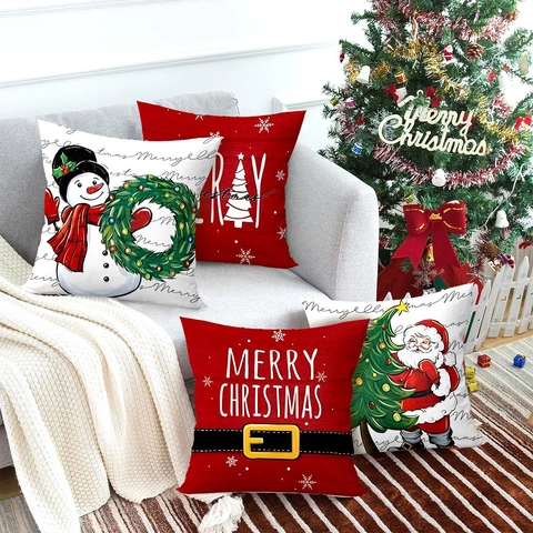 Weihnachts Kissenbezüge Weiches Polyester Cartoon Weihnachtsmann Schneemann Druck Frohe Weihnachten Deko Kissenhüllen