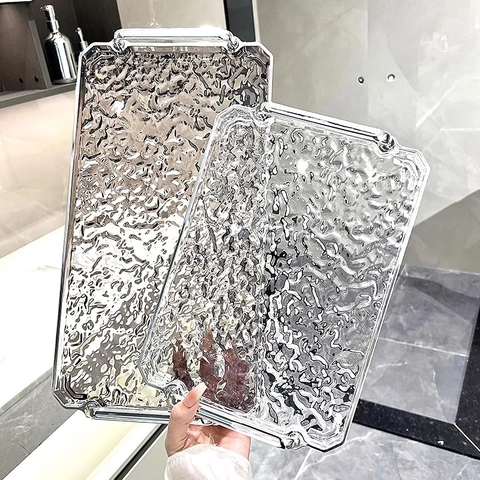Vassoio Da Portata Rettangolare Con Texture A Onde Plastica Piatto Decorativo Con Manici Argentati Per Tavolino Da Salotto